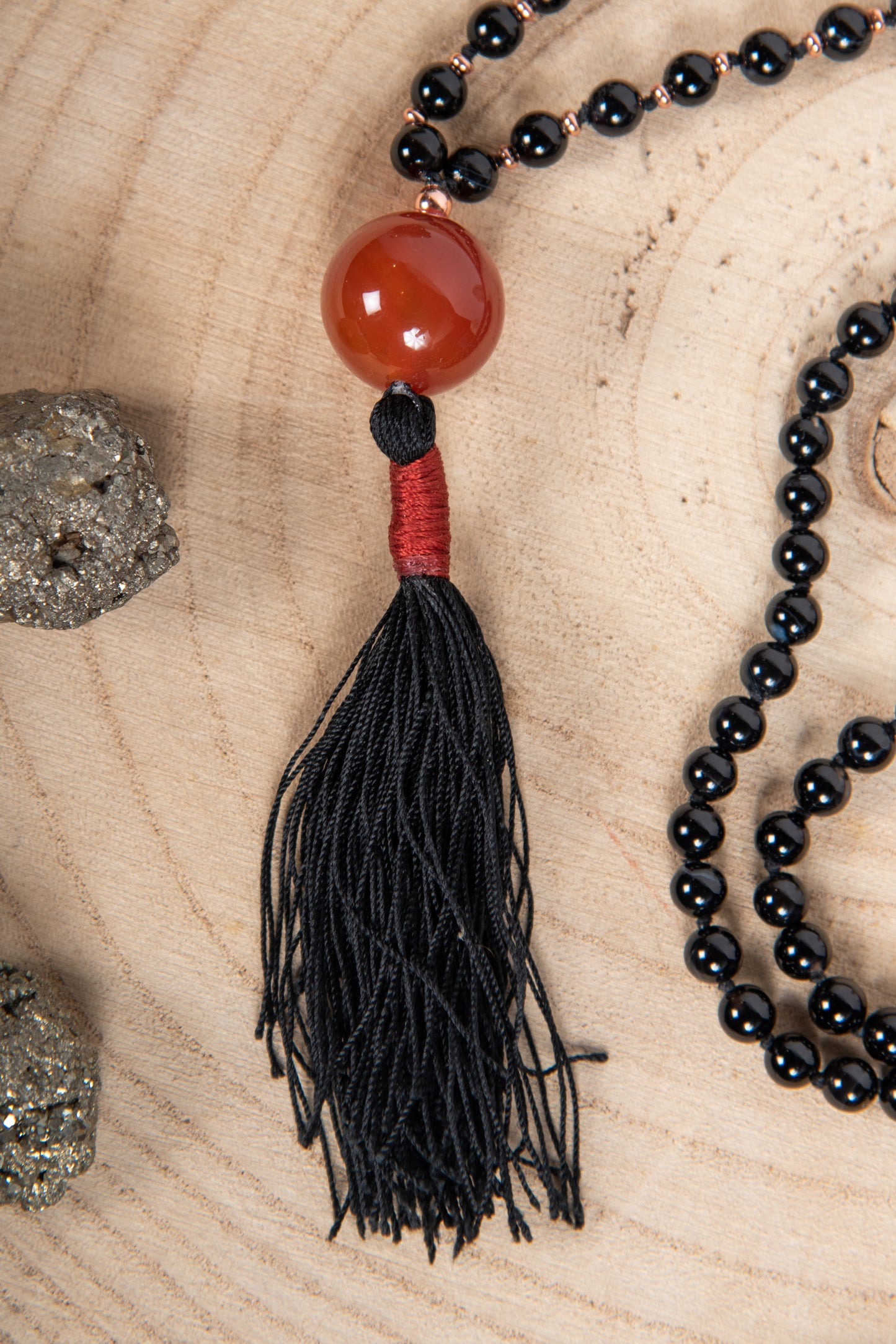 Mala con cristalli naturali di Agata rossa, Onice, Pietra Guru Agata rossa, Rame