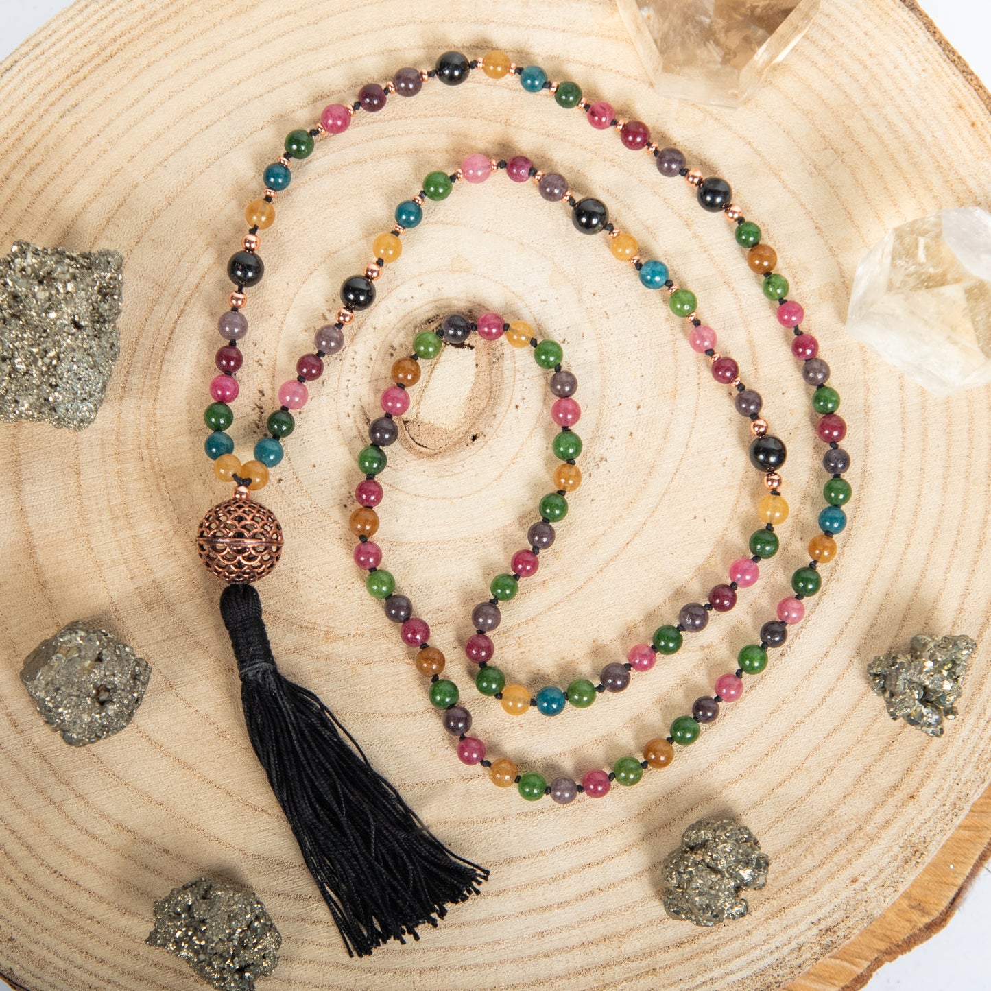 Mala 108 perle in pietra dura di Tormalina vari colori, Pietra Guru Rame