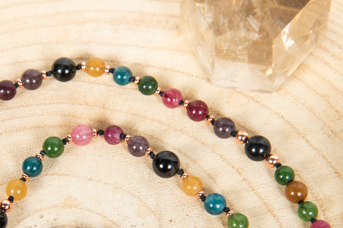 Mala 108 perle in pietra dura di Tormalina vari colori, Pietra Guru Rame
