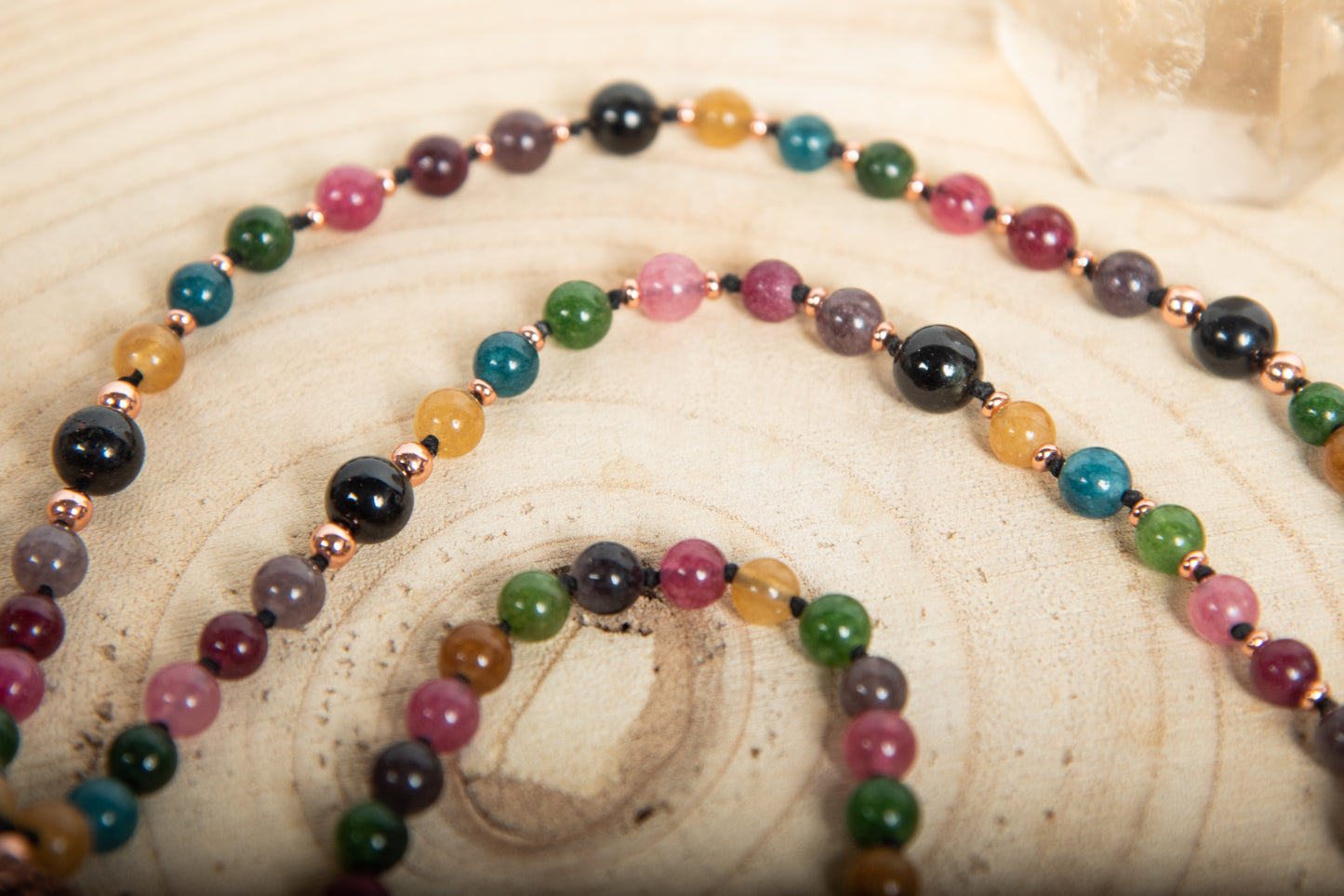 Mala 108 perle in pietra dura di Tormalina vari colori, Pietra Guru Rame