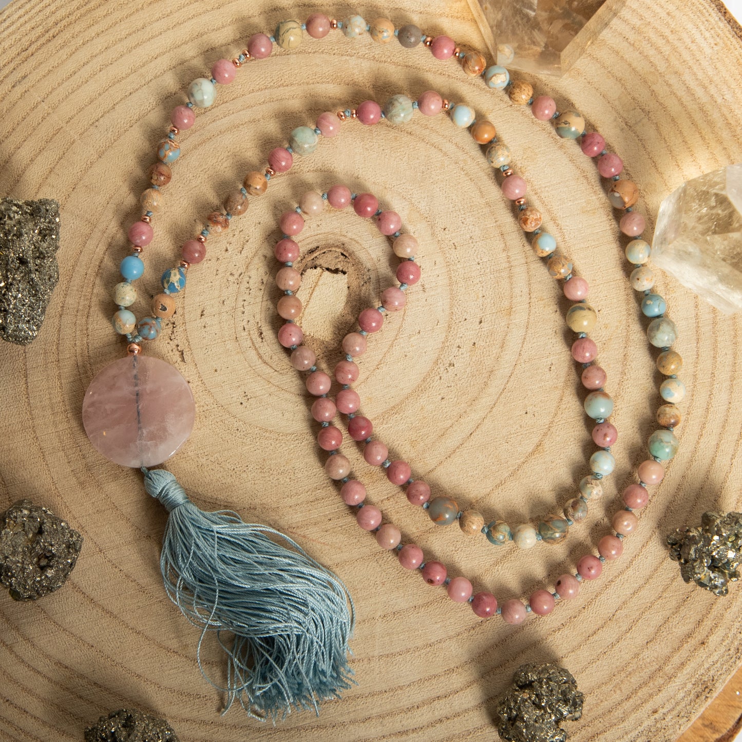 Mala da meditazione in Diaspro imperiale, Rodonite, Pietra Guru Quarzo rosa e Rame