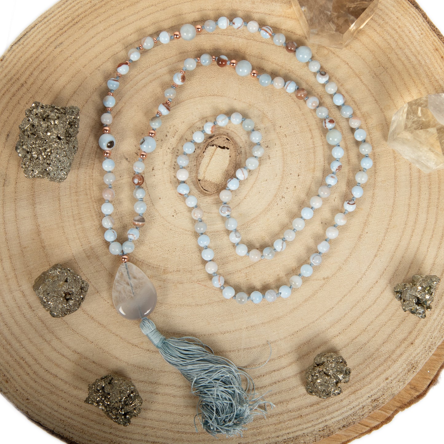 Mala in pietra dura naturale di Calcedonio Azzurro, Pietra Guru Agata, Rame