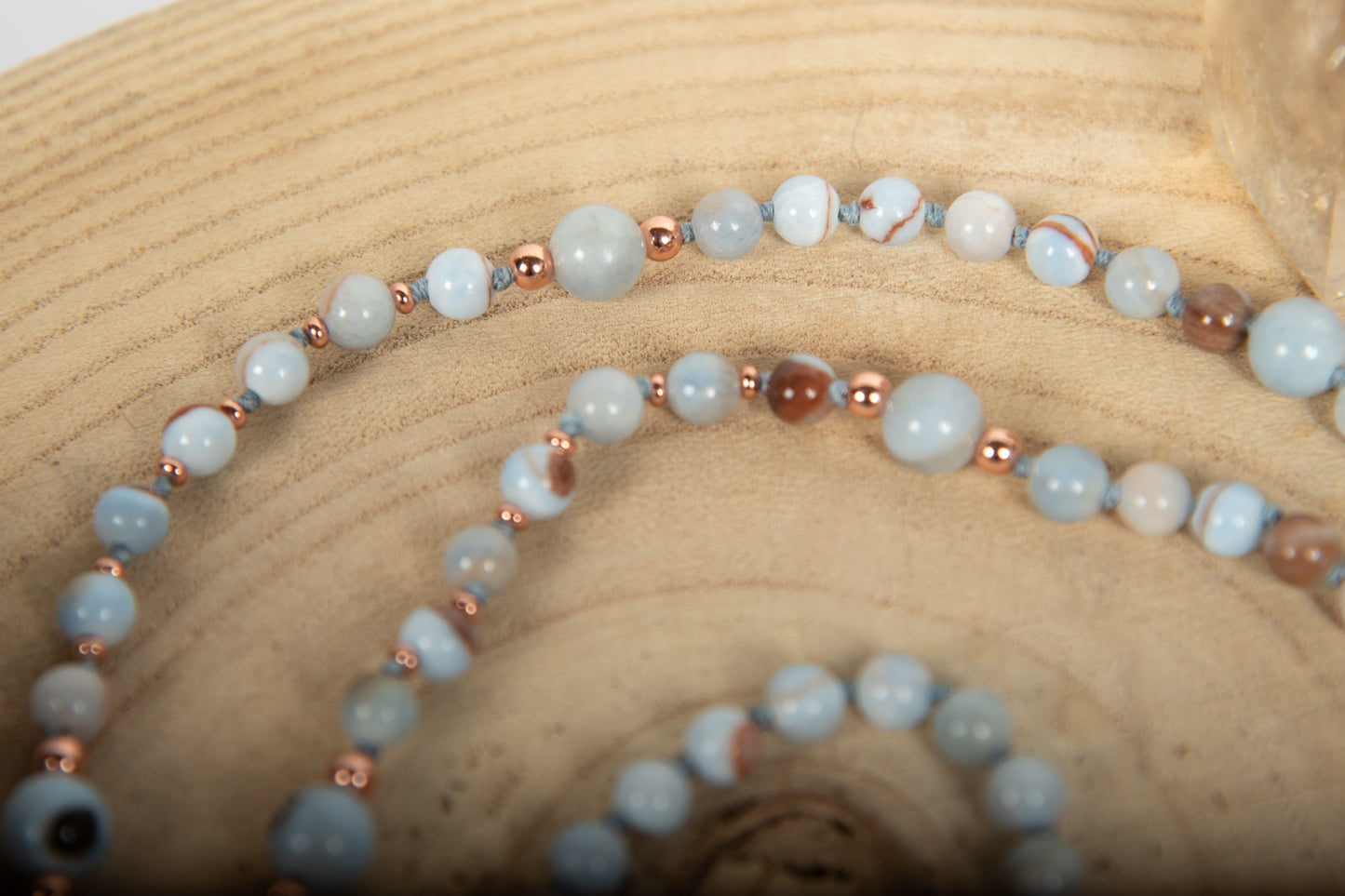 Mala in pietra dura naturale di Calcedonio Azzurro, Pietra Guru Agata, Rame