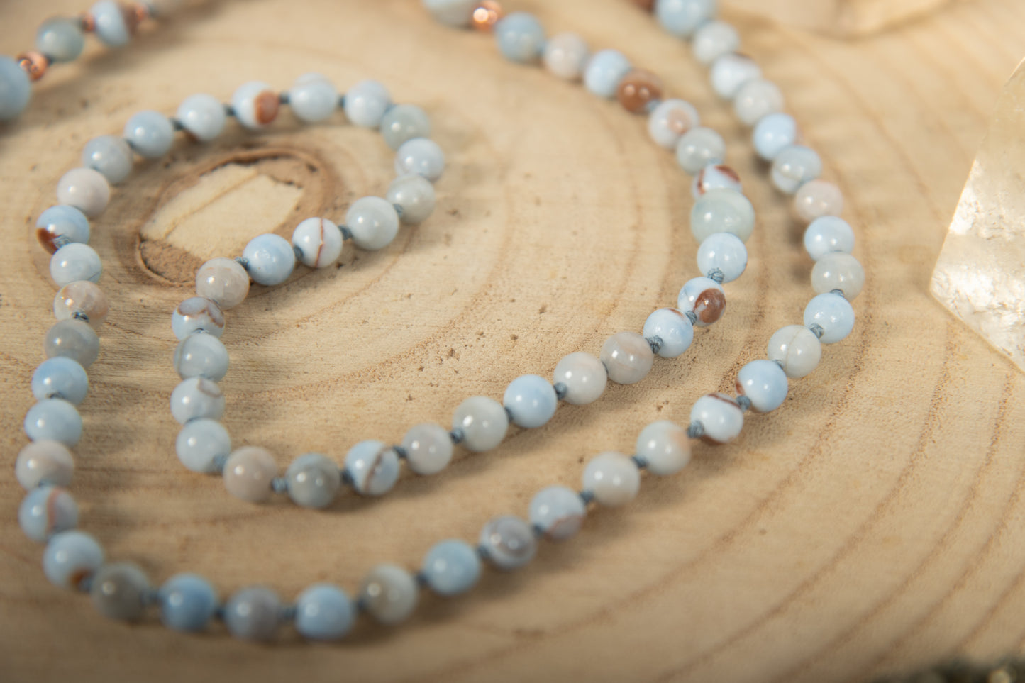 Mala in pietra dura naturale di Calcedonio Azzurro, Pietra Guru Agata, Rame