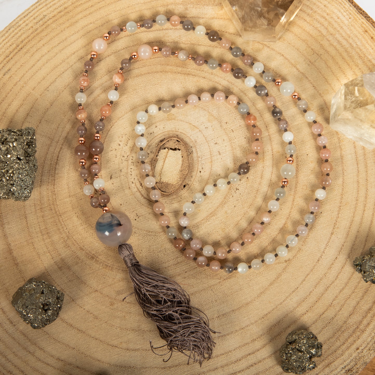 Mala collana 108 in Pietra di luna, Pietra Guru Agata, Rame