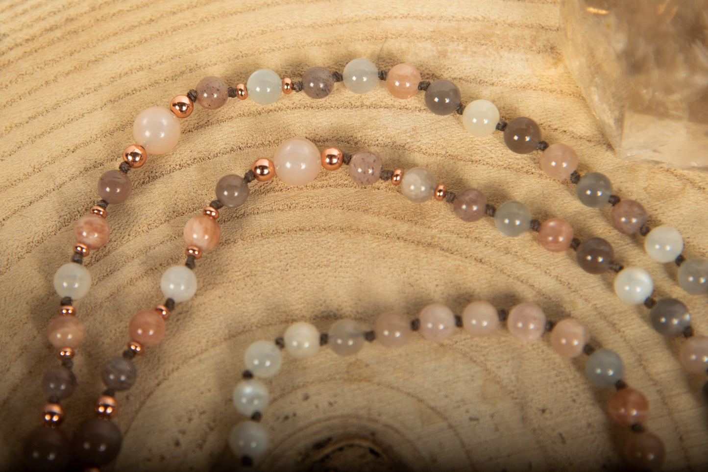 Mala collana 108 in Pietra di luna, Pietra Guru Agata, Rame