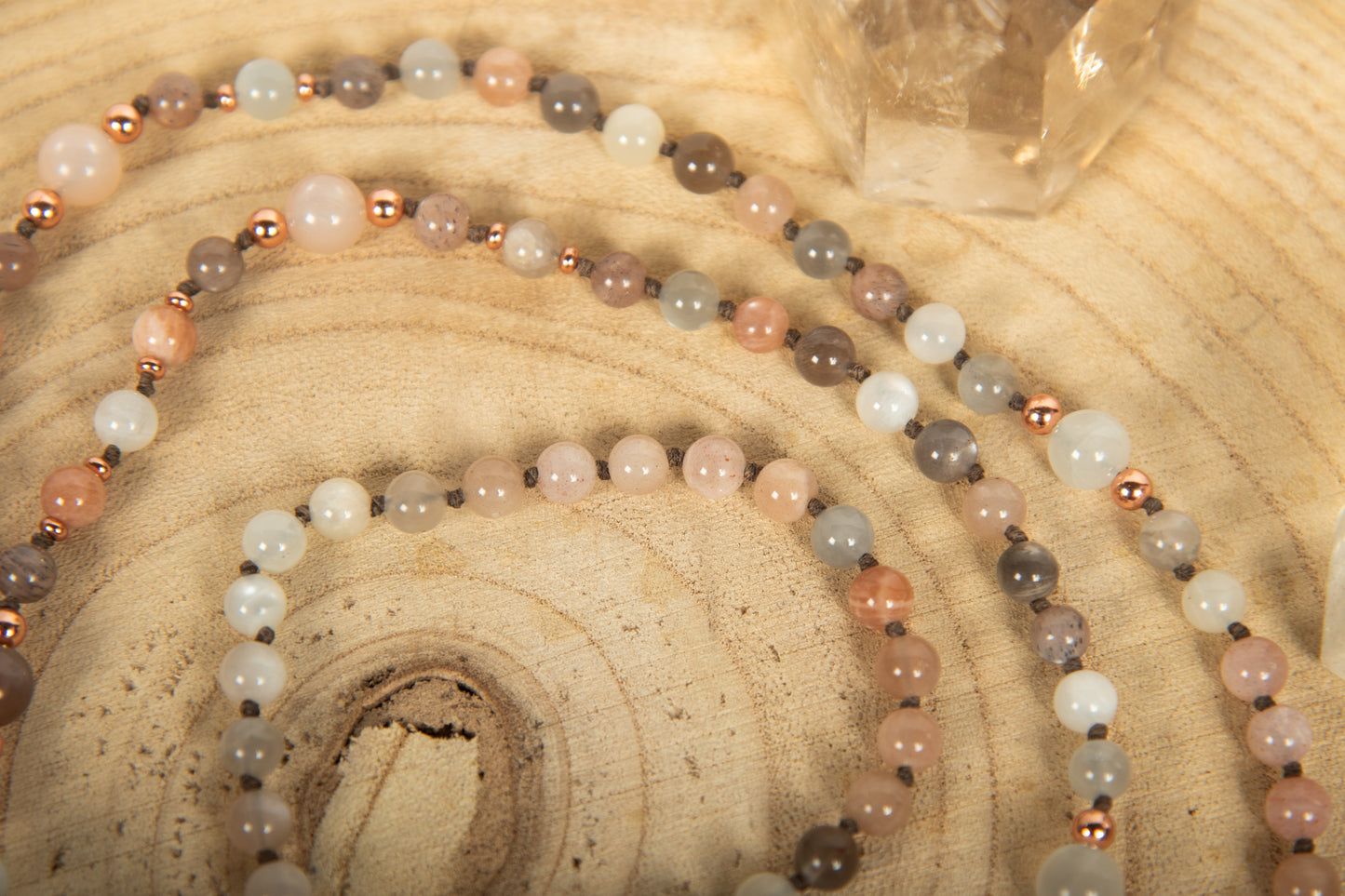 Mala collana 108 in Pietra di luna, Pietra Guru Agata, Rame