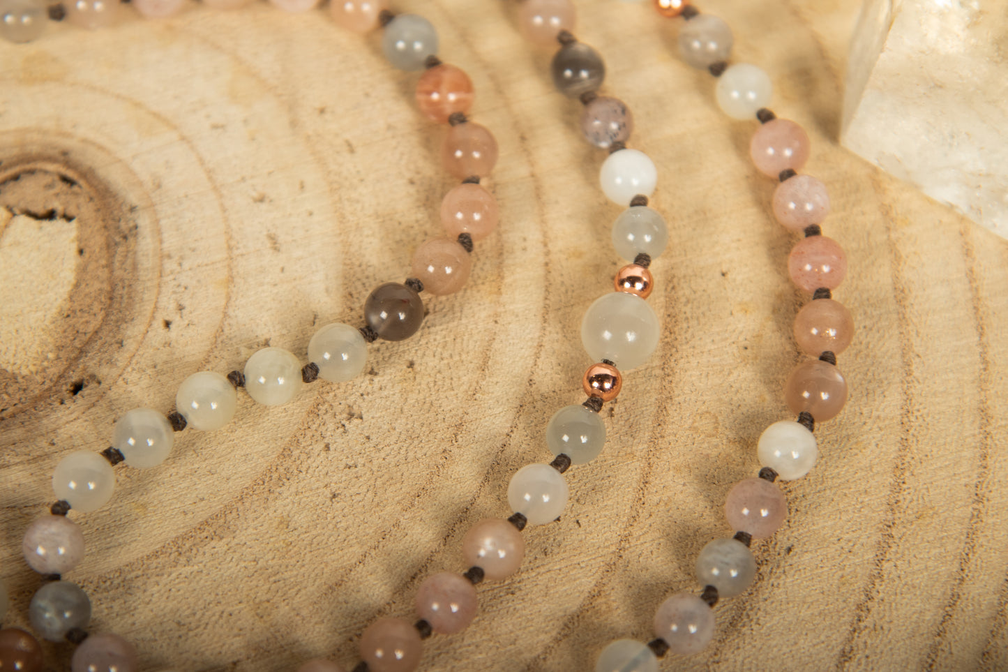 Mala collana 108 in Pietra di luna, Pietra Guru Agata, Rame