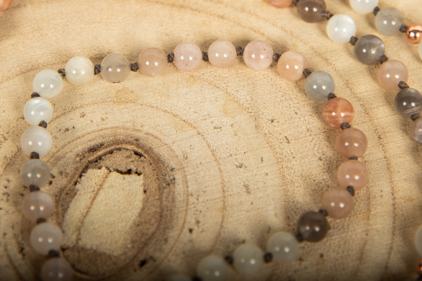 Mala collana 108 in Pietra di luna, Pietra Guru Agata, Rame