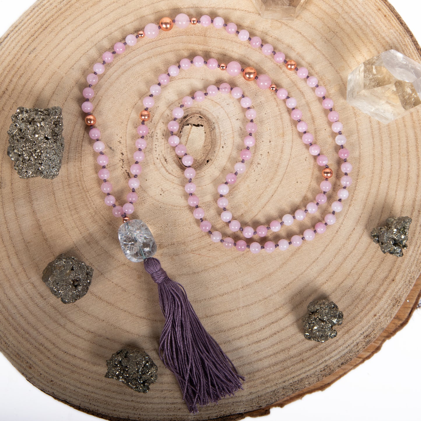 Mala 108 in pietra dura di Kunzite, Pietra Guru Quarzo crepitante e Rame