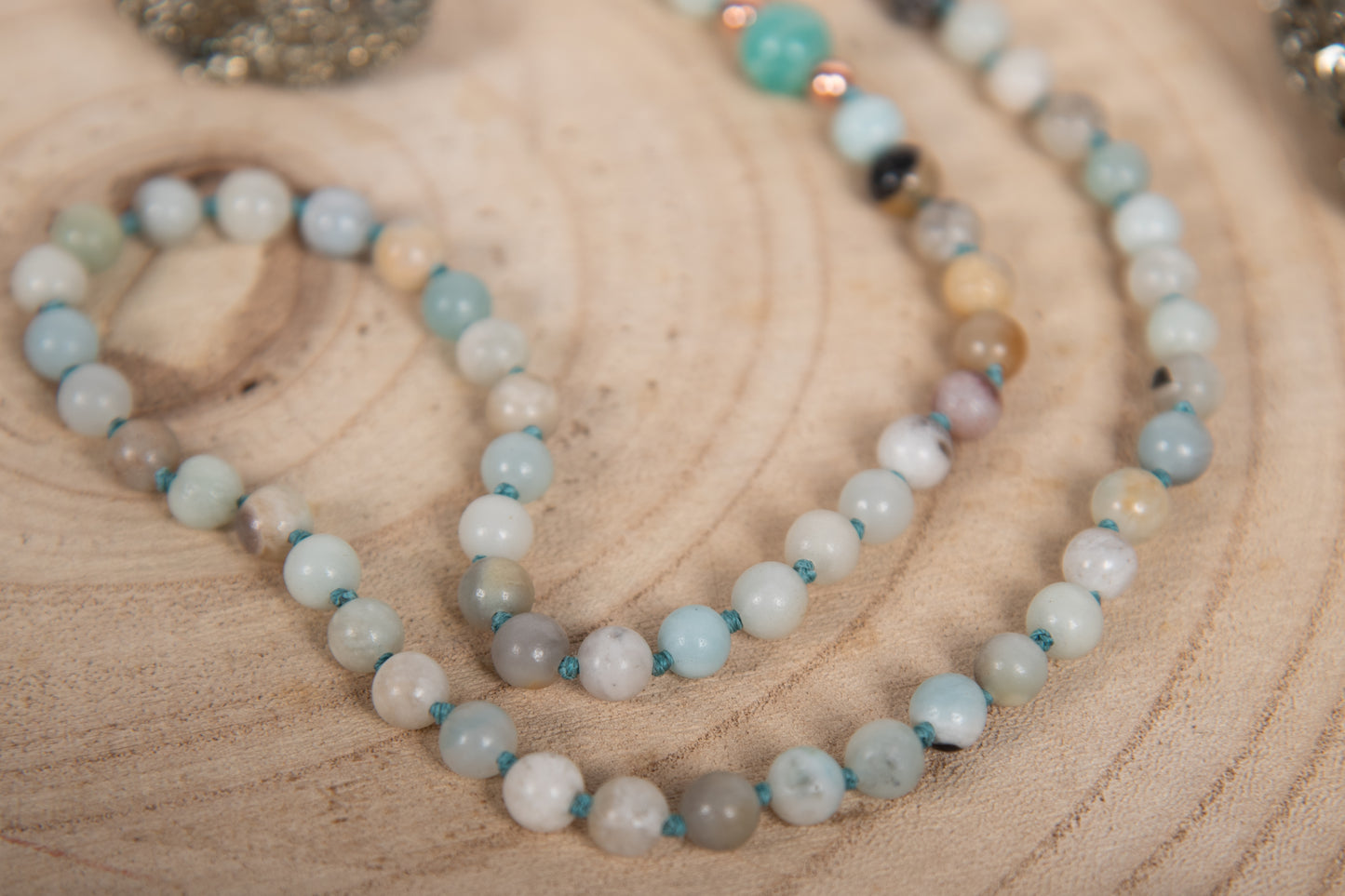 Mala con pietre dure naturali di Amazzonite multicolore, Pietra guru Agata, Rame