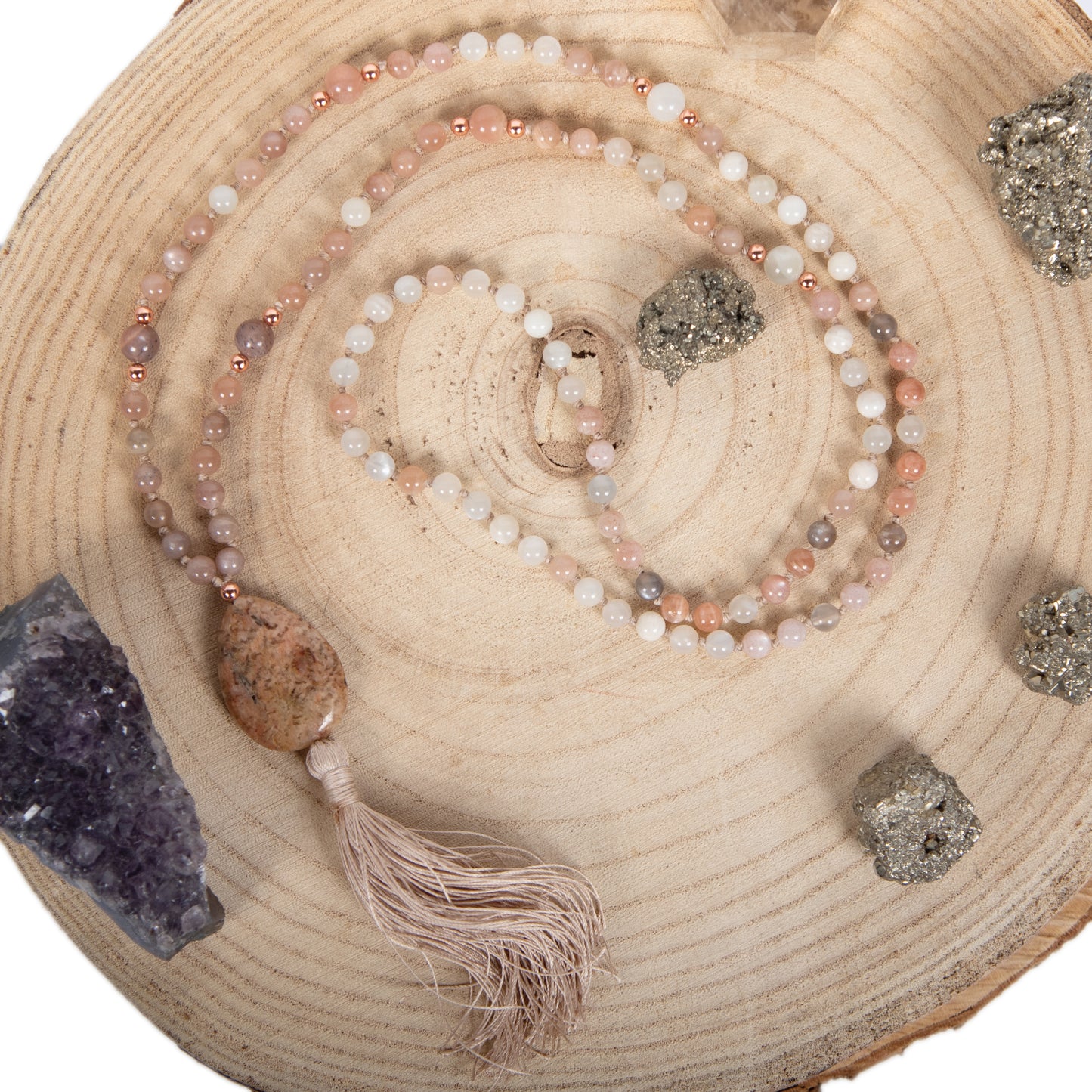 Mala in Pietra di luna naturale, Pietra Guru Zebradorite, Rame