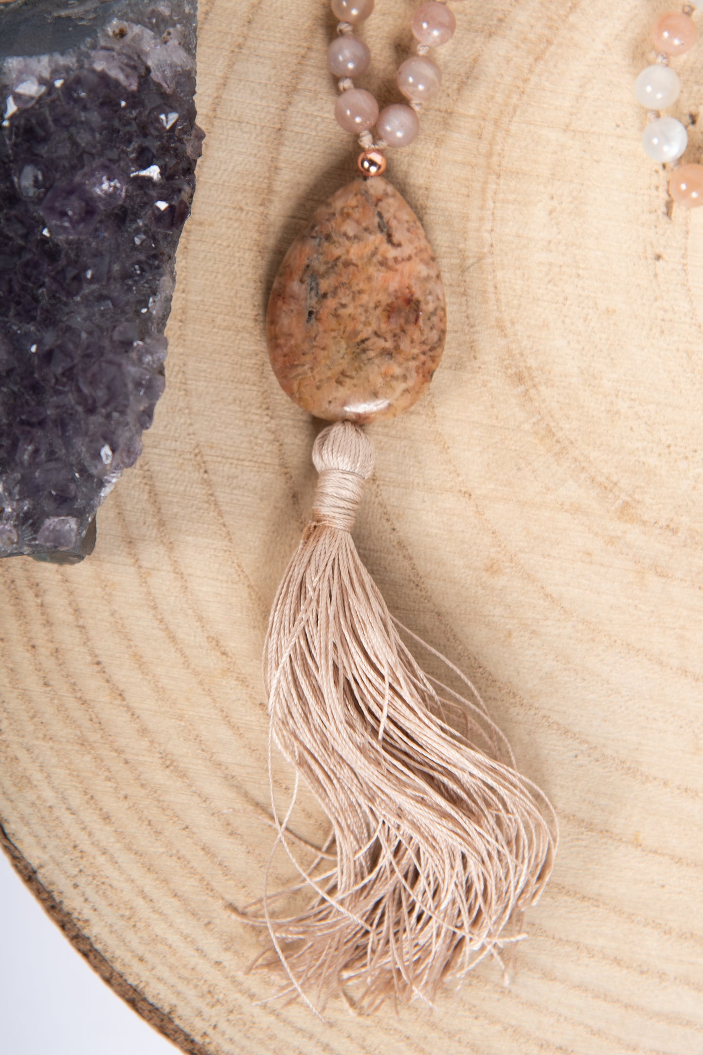 Mala in Pietra di luna naturale, Pietra Guru Zebradorite, Rame