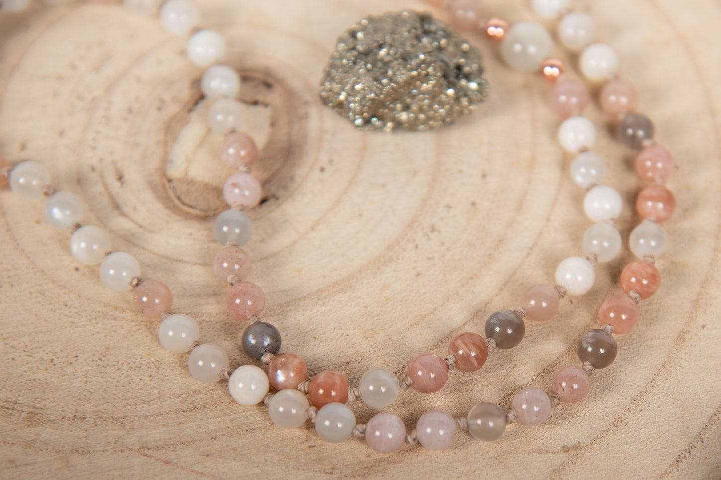 Mala in Pietra di luna naturale, Pietra Guru Zebradorite, Rame