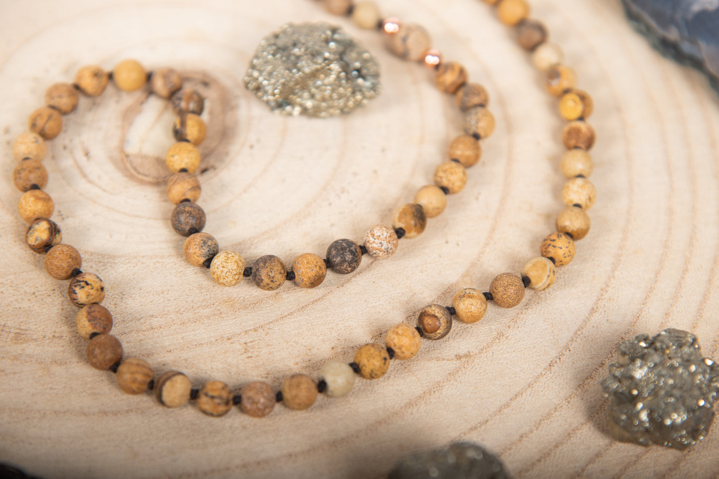 Mala fatta a mano in pietra dura naturale di Diaspro paesaggio, Pietra Guru Agata e Rame