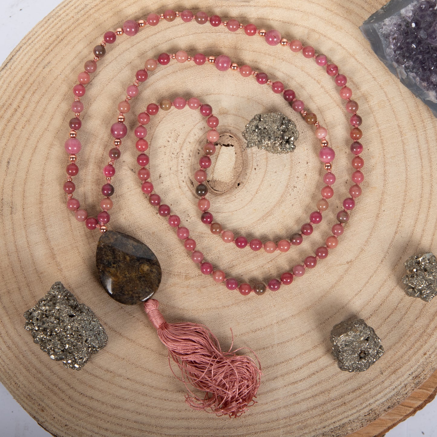 Mala collana in pietra dura naturale di Rodonite, Pietra guru Diaspro, Rame