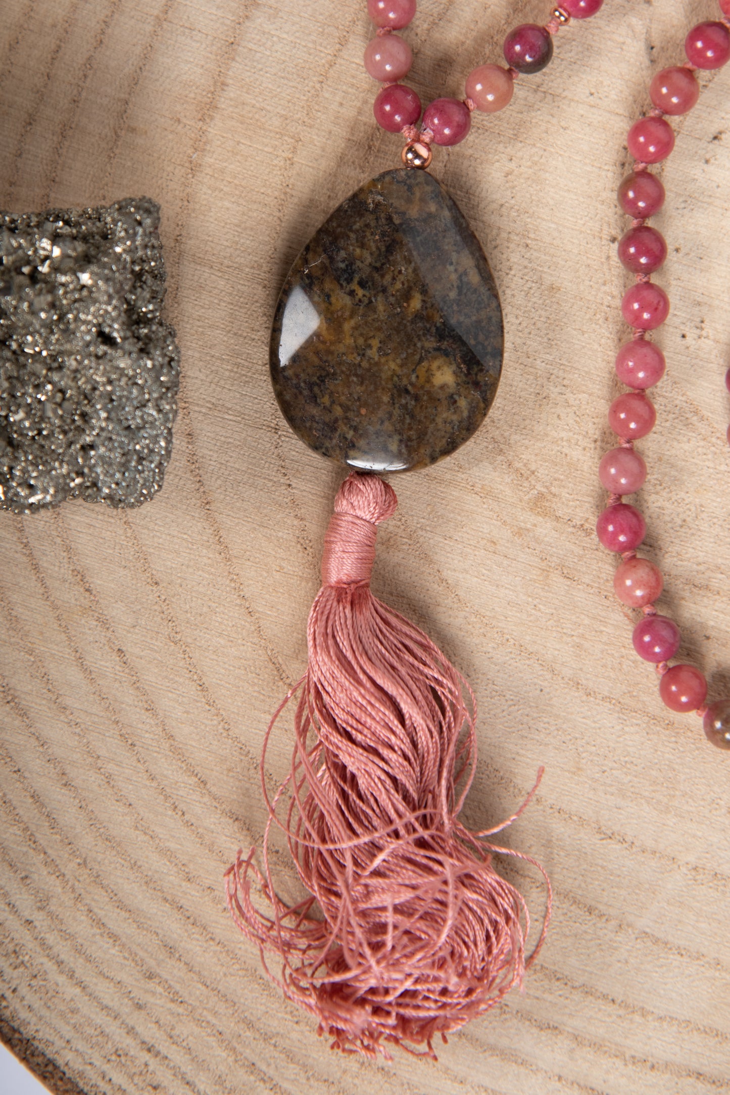 Mala collana in pietra dura naturale di Rodonite, Pietra guru Diaspro, Rame