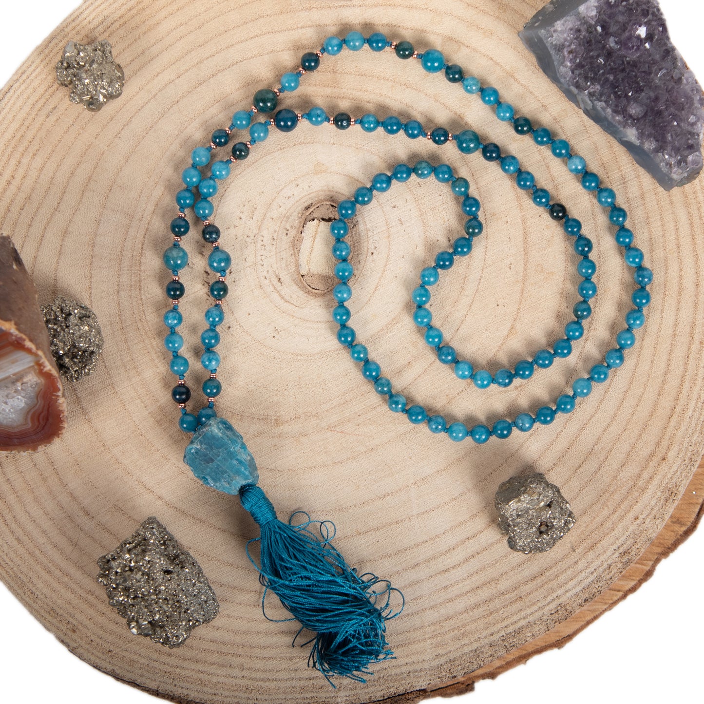 Mala da meditazione in Apatite, Pietra Guru Apatite e Rame