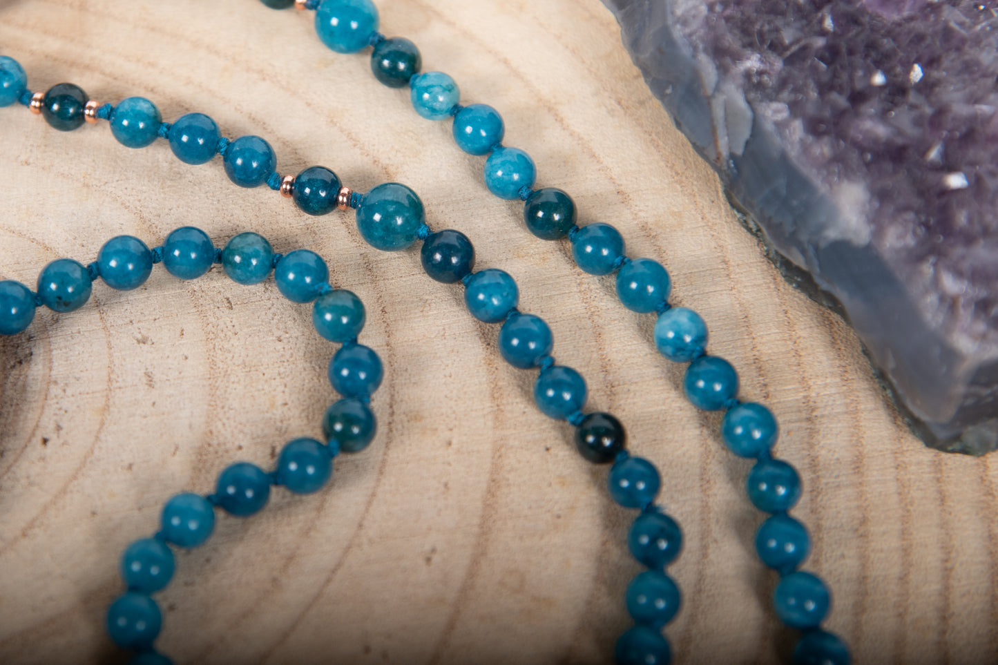 Mala da meditazione in Apatite, Pietra Guru Apatite e Rame