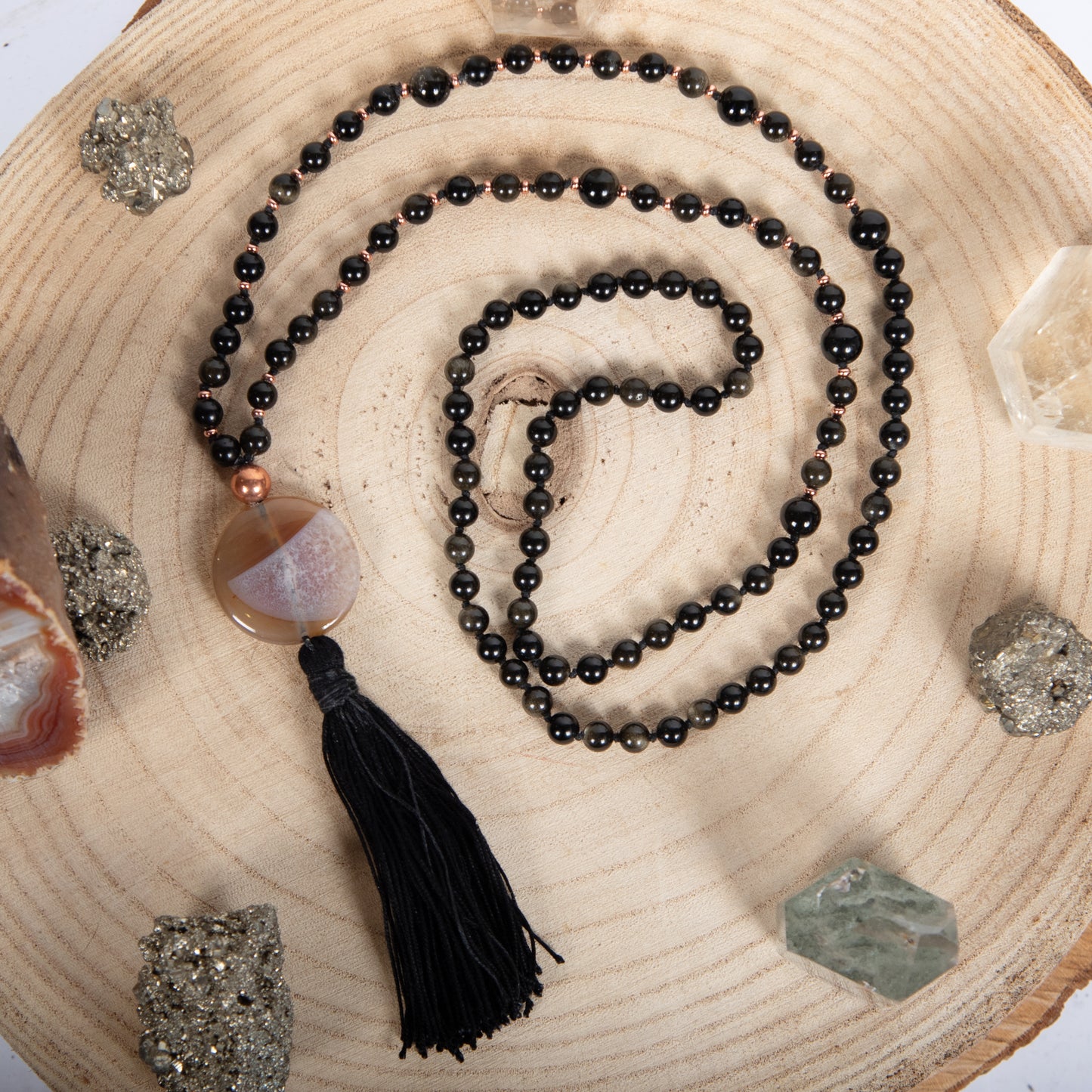 Mala 108 in Ossidiana dorata, Pietra guru Agata e Rame