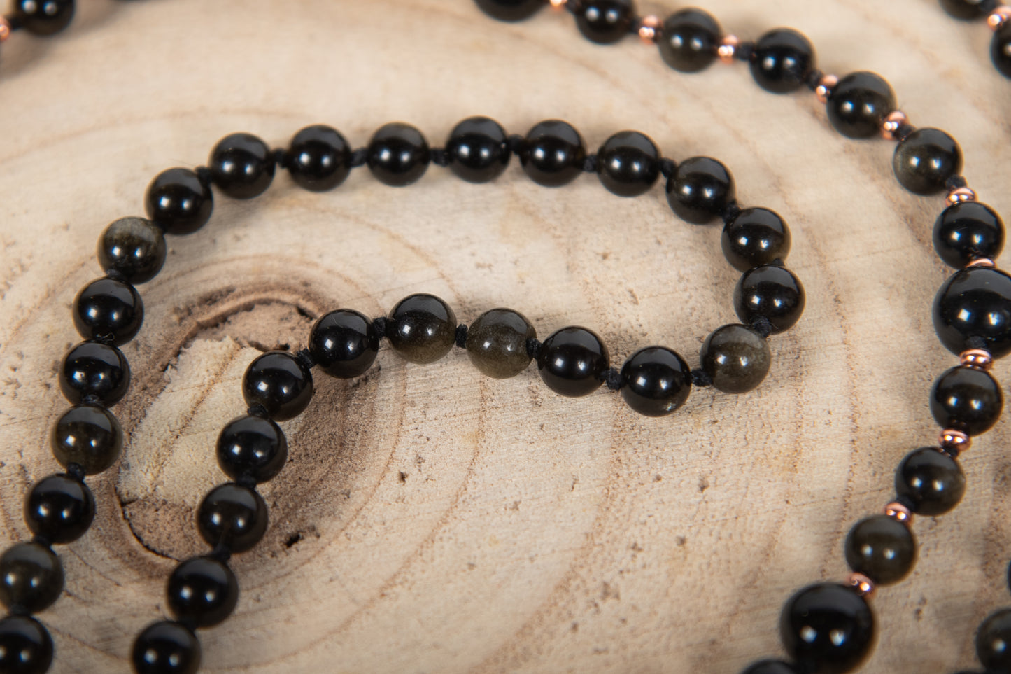 Mala 108 in Ossidiana dorata, Pietra guru Agata e Rame