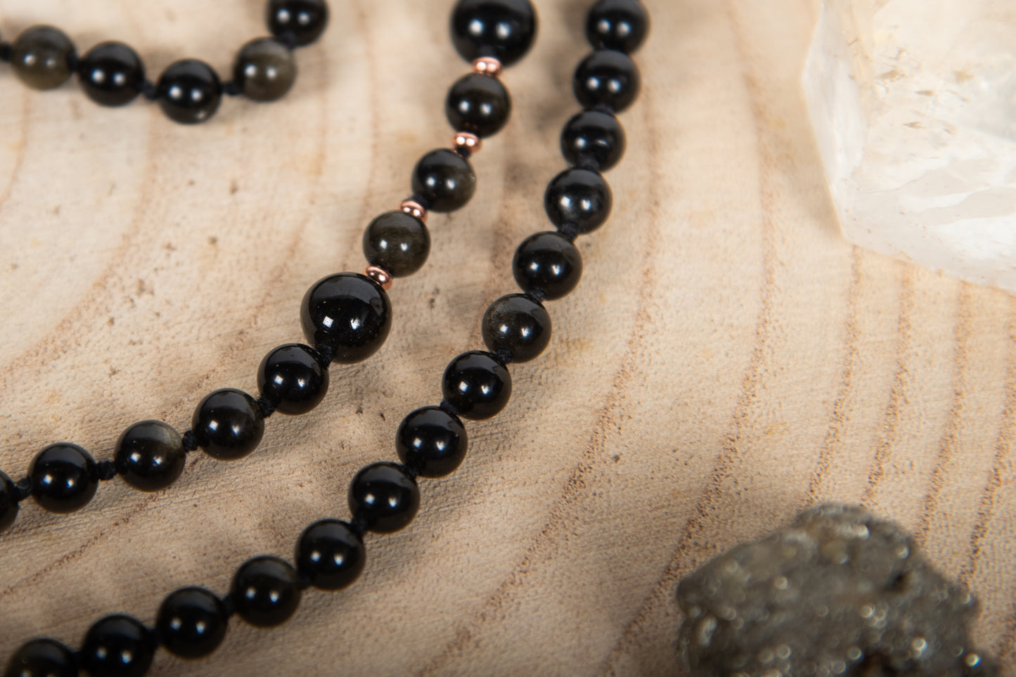 Mala 108 in Ossidiana dorata, Pietra guru Agata e Rame