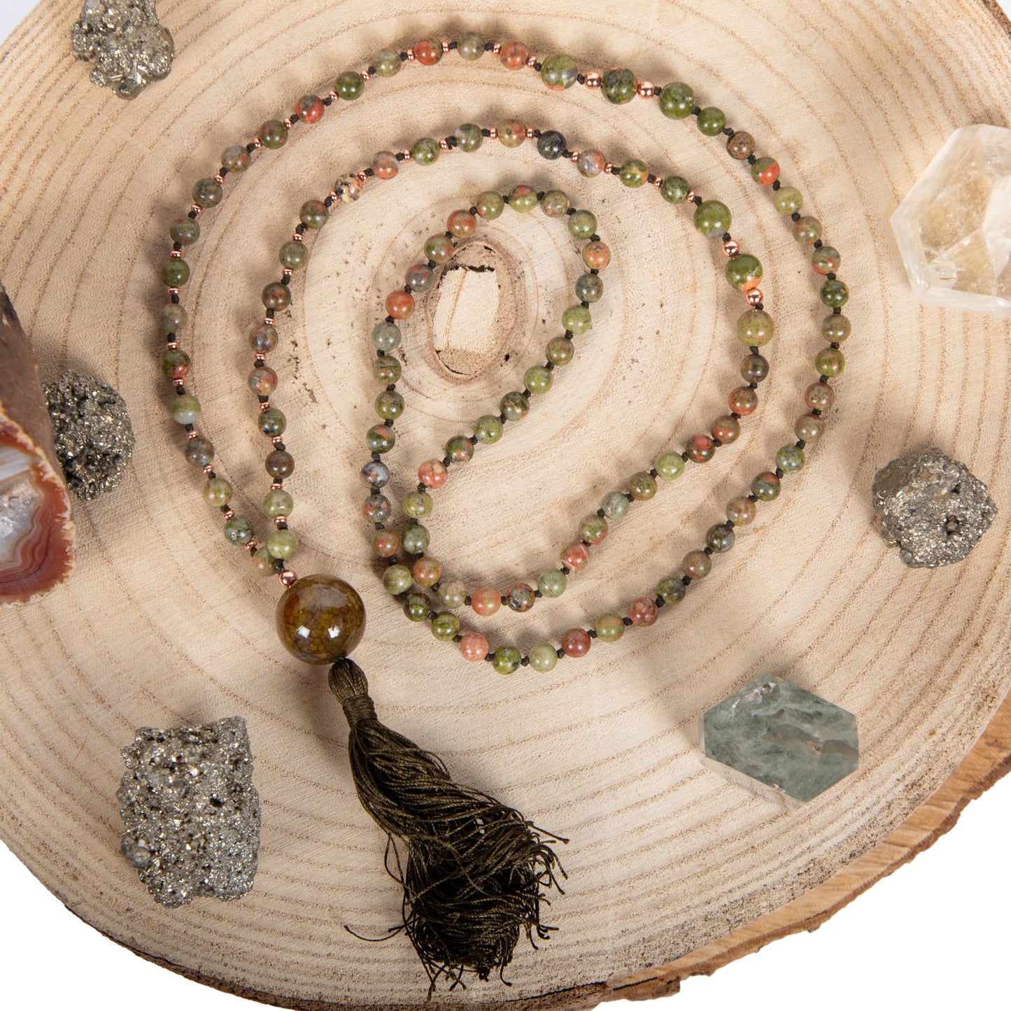 Mala in pietra dura di Unakite, Pietra Guru Agata, Rame