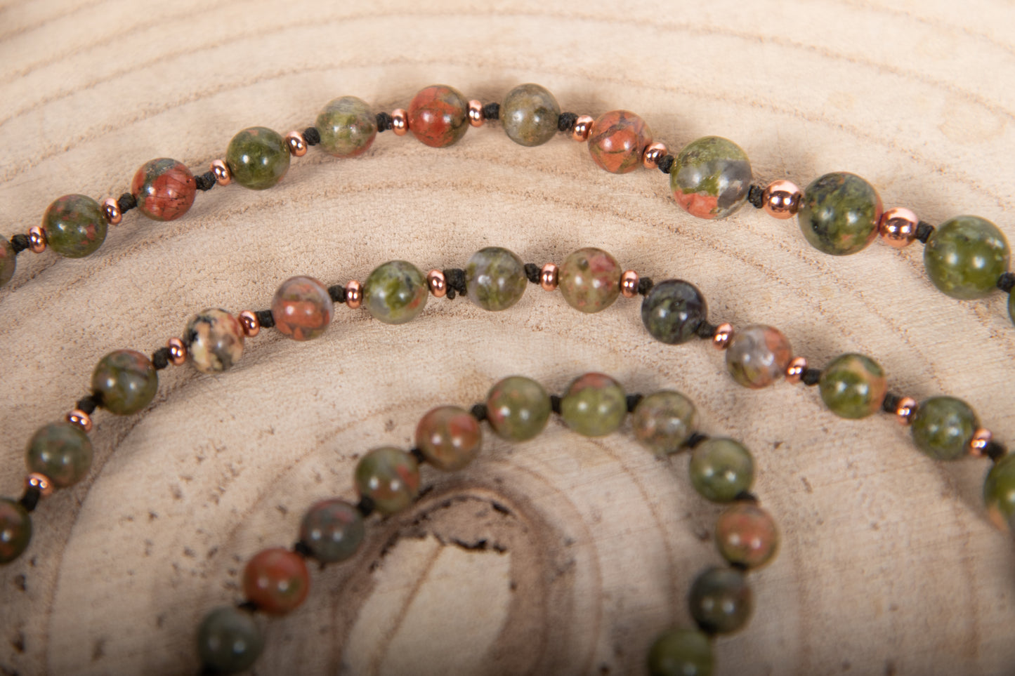 Mala in pietra dura di Unakite, Pietra Guru Agata, Rame