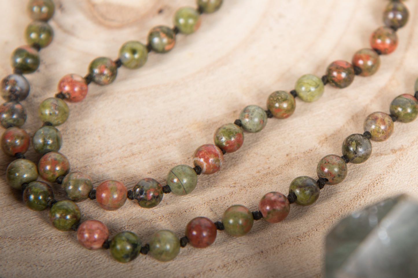 Mala in pietra dura di Unakite, Pietra Guru Agata, Rame
