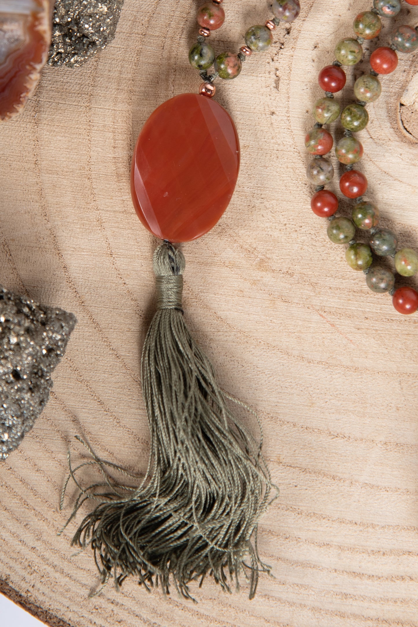Mala 108 perle in Unakite, Pietra Guru Corniola e Rame