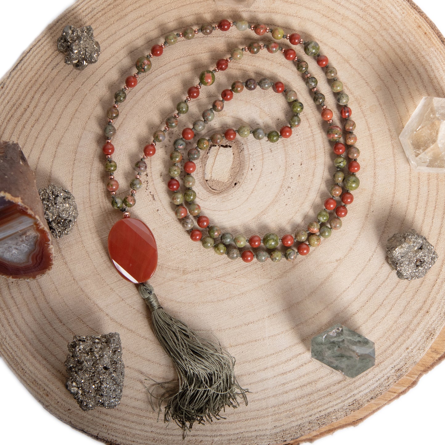 Mala 108 perle in Unakite, Pietra Guru Corniola e Rame