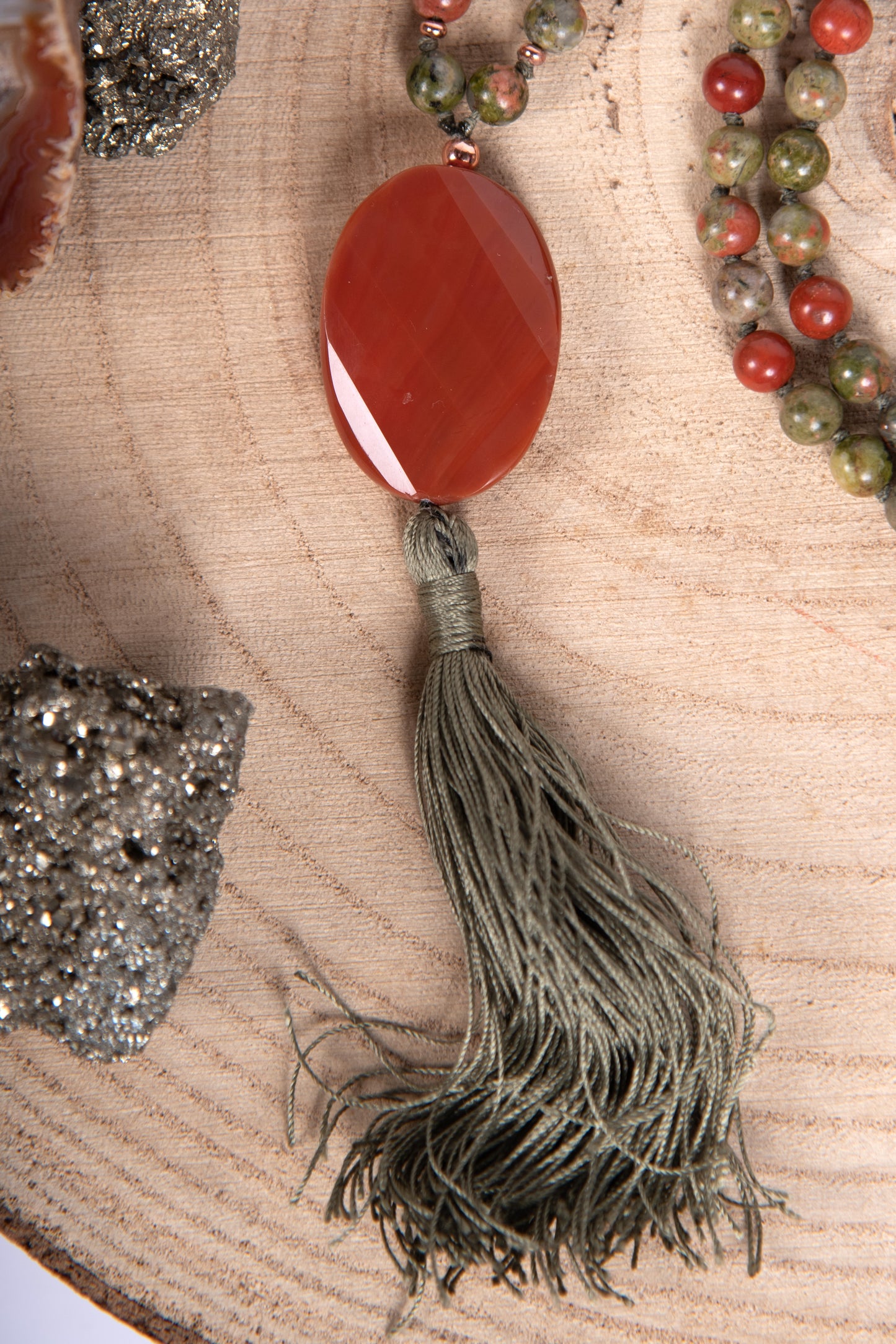 Mala 108 perle in Unakite, Pietra Guru Corniola e Rame