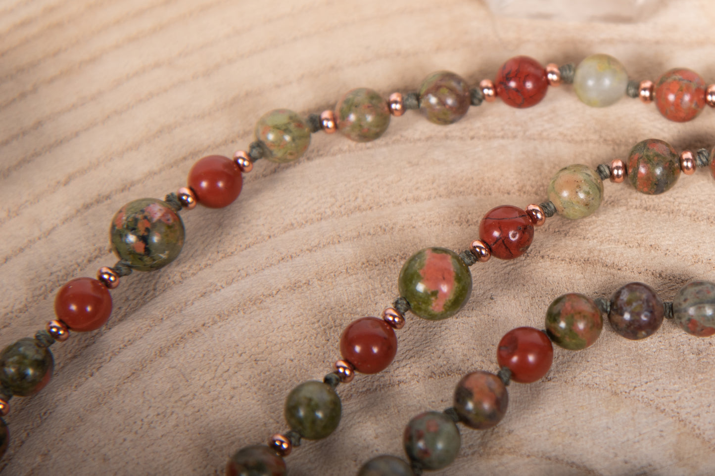 Mala 108 perle in Unakite, Pietra Guru Corniola e Rame
