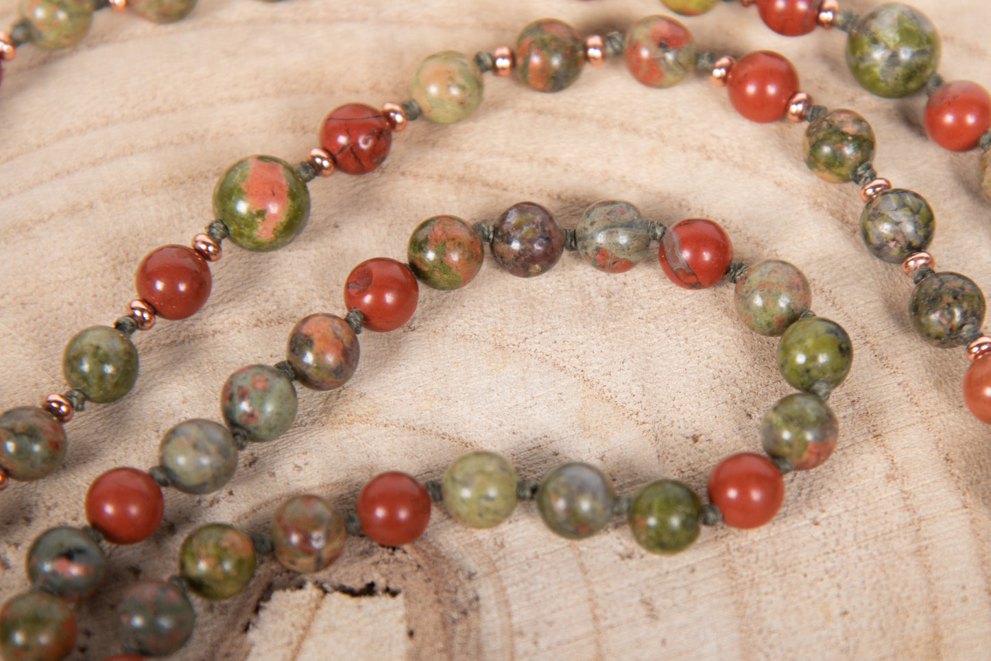 Mala 108 perle in Unakite, Pietra Guru Corniola e Rame