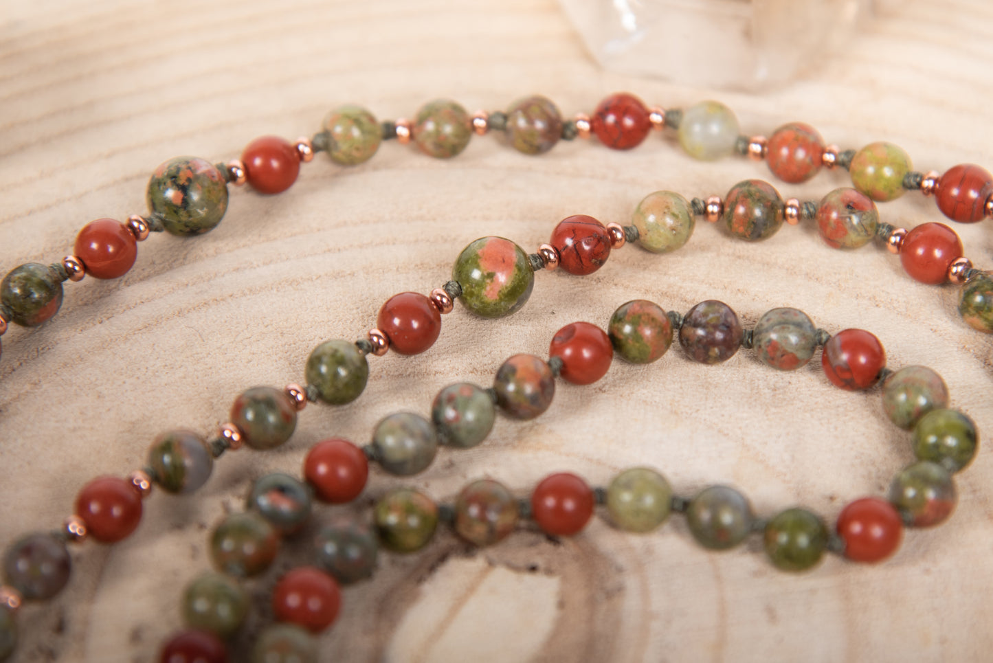 Mala 108 perle in Unakite, Pietra Guru Corniola e Rame