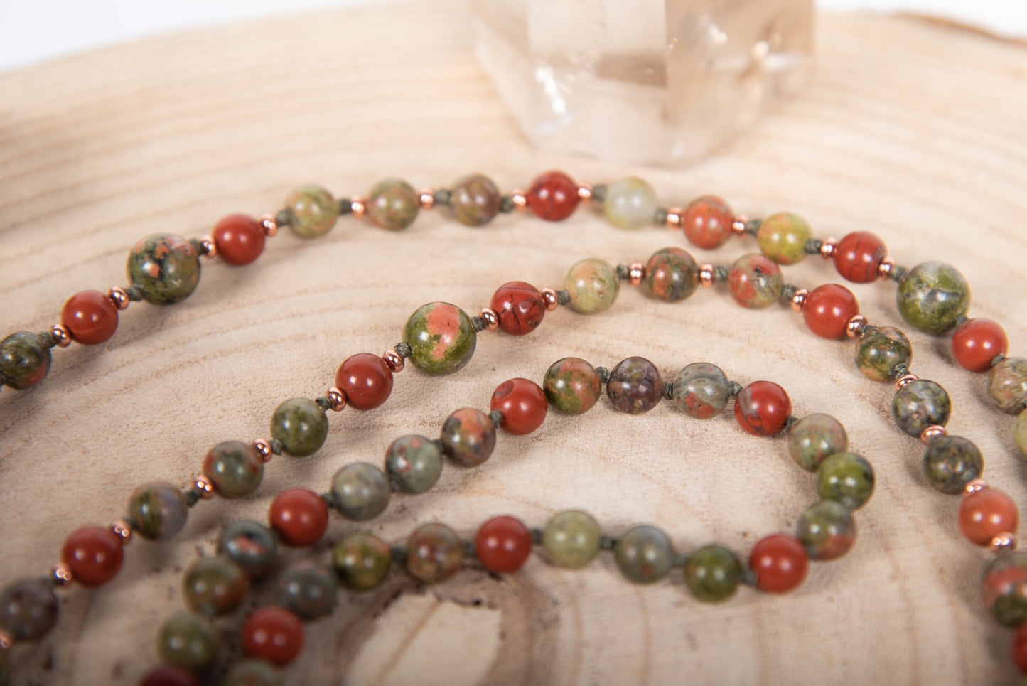 Mala 108 perle in Unakite, Pietra Guru Corniola e Rame