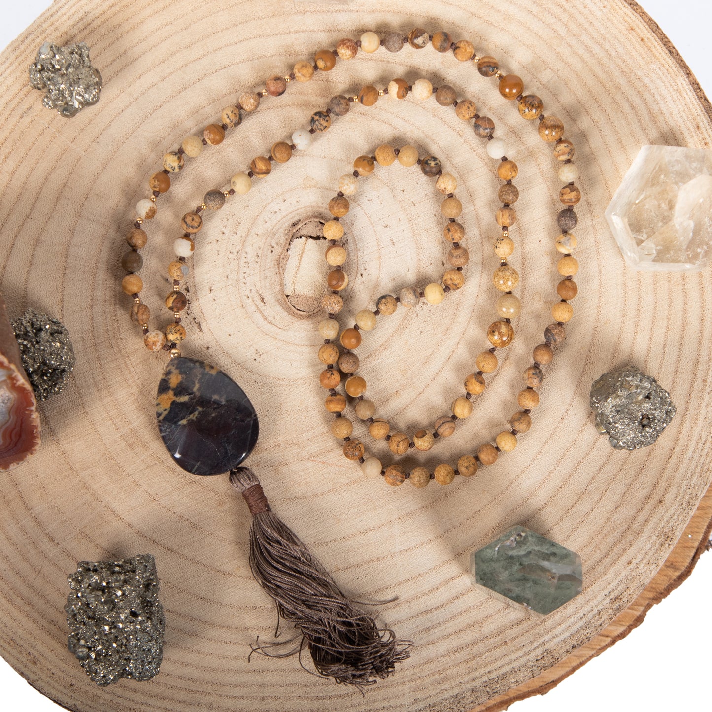Mala per meditare con pietre dure naturali in Diaspro paesaggio, Pietra Guru in diaspro, Rame
