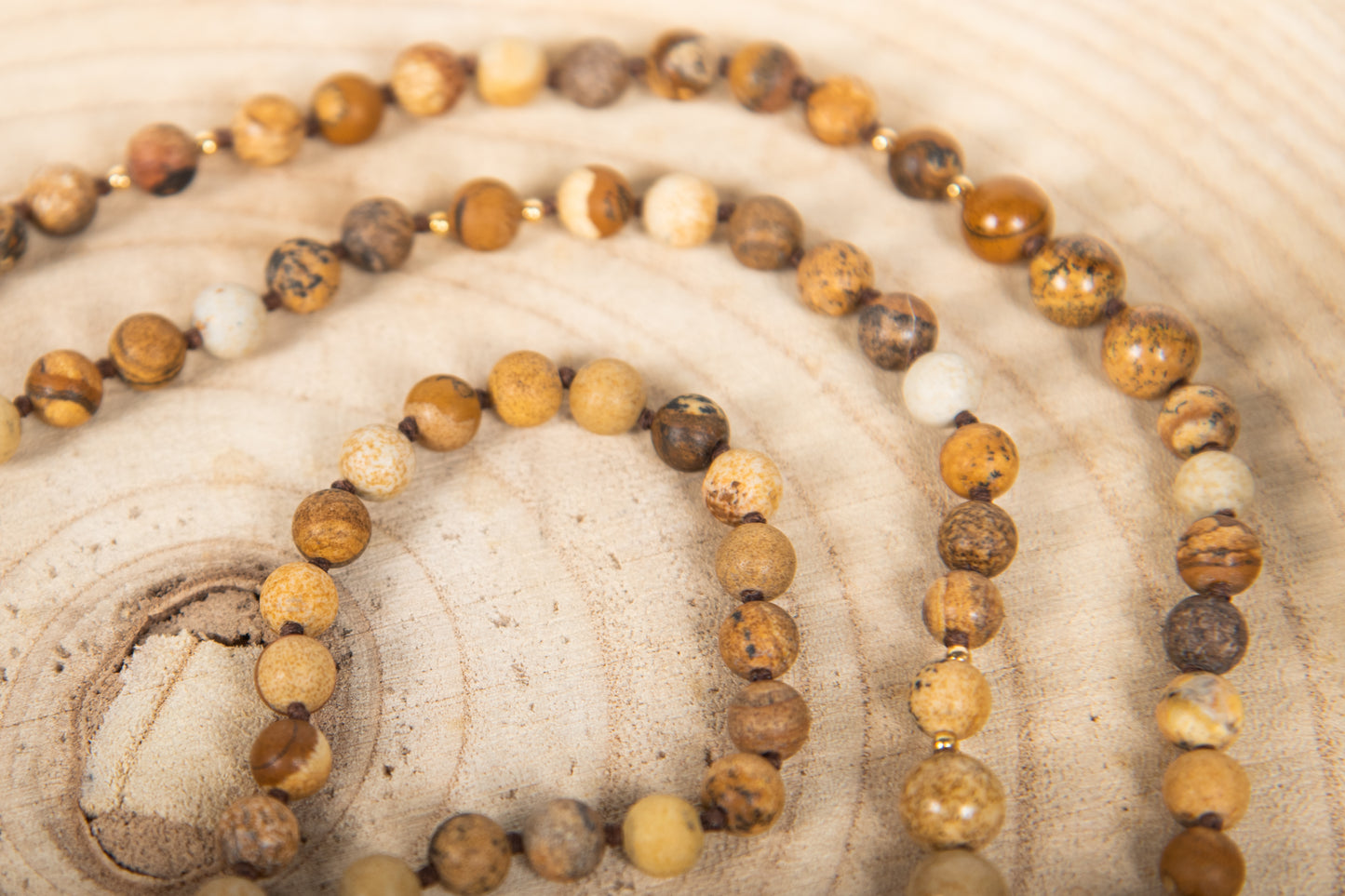 Mala per meditare con pietre dure naturali in Diaspro paesaggio, Pietra Guru in diaspro, Rame