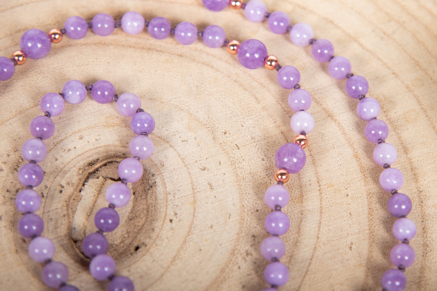 Mala collana con pietre naturali di Kunzite, Pietra Guru Ametista lavanda, Rame