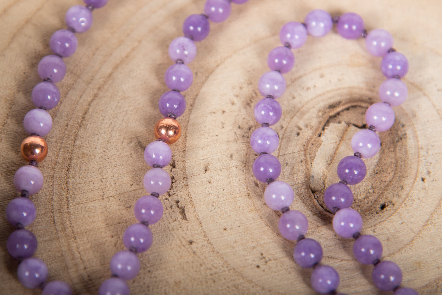 Mala collana con pietre naturali di Kunzite, Pietra Guru Ametista lavanda, Rame