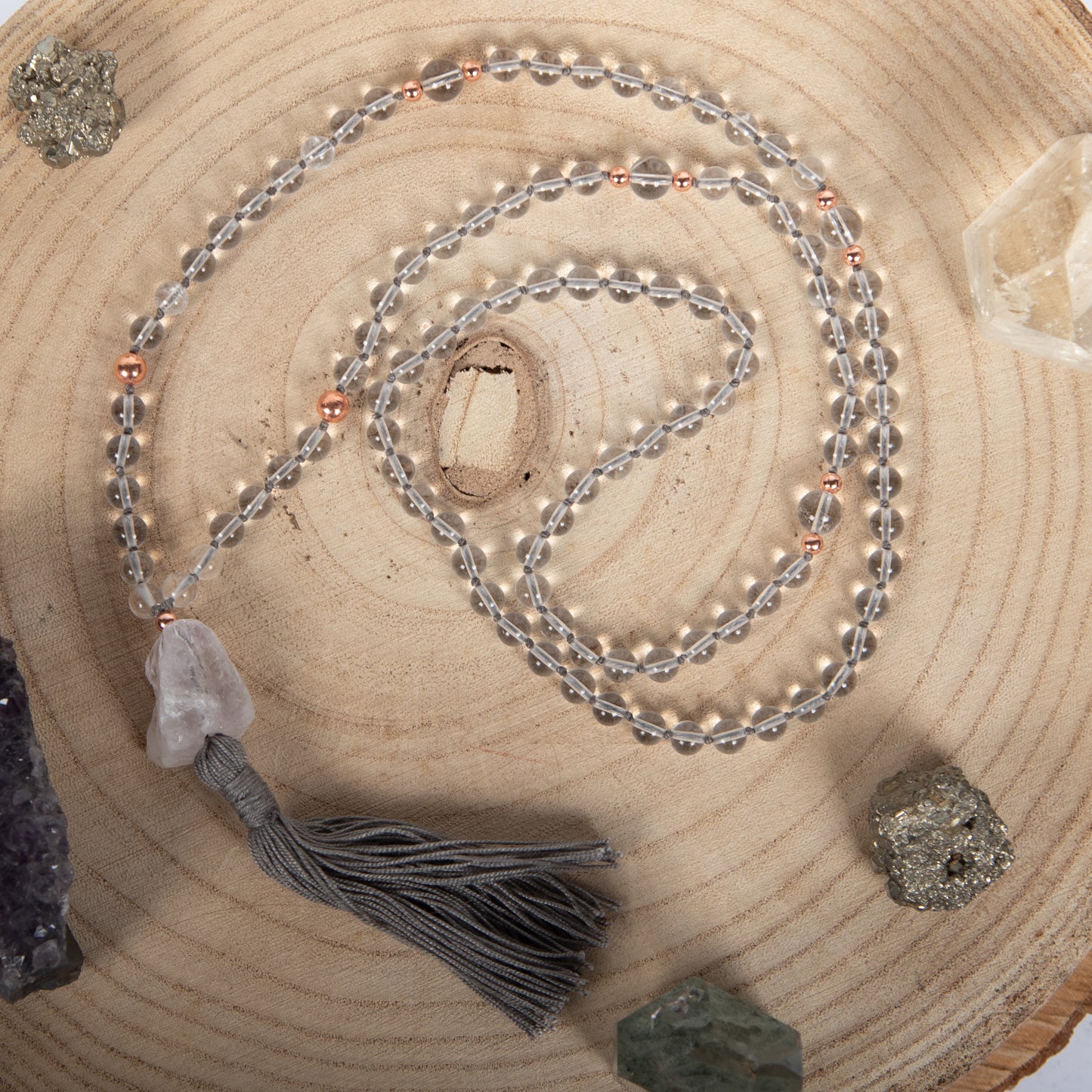Mala per meditare in Quarzo ialino, Pietra Guru Ametista lavanda e Rame