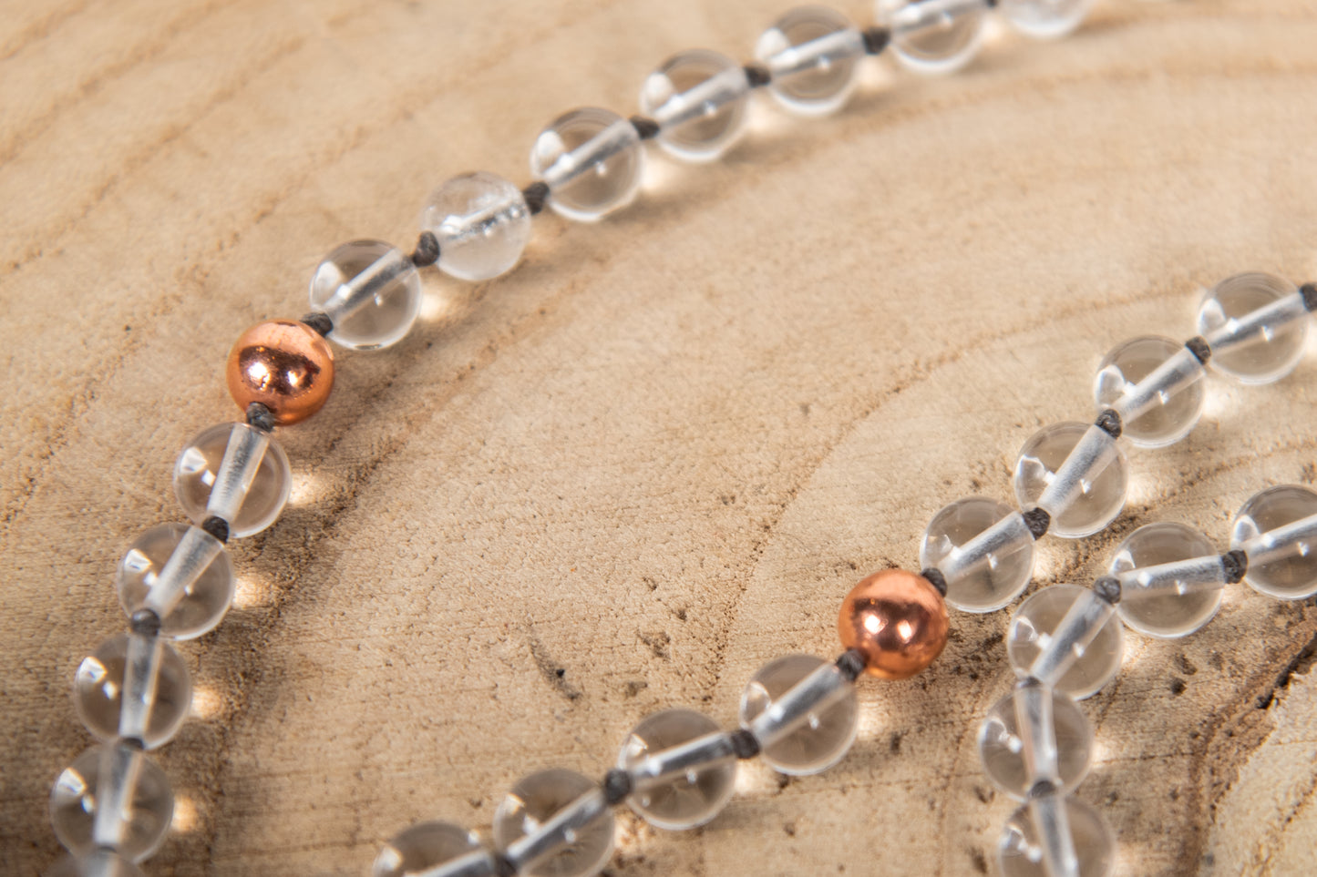 Mala per meditare in Quarzo ialino, Pietra Guru Ametista lavanda e Rame