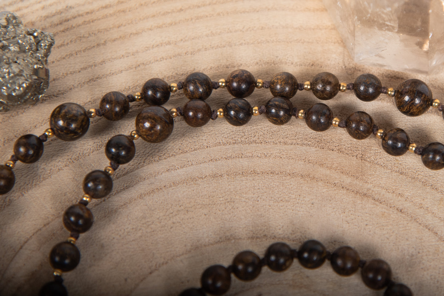 Mala Bronzite, Pietra guru Agata, Argento dorato 925, Placcato Oro 14 kt