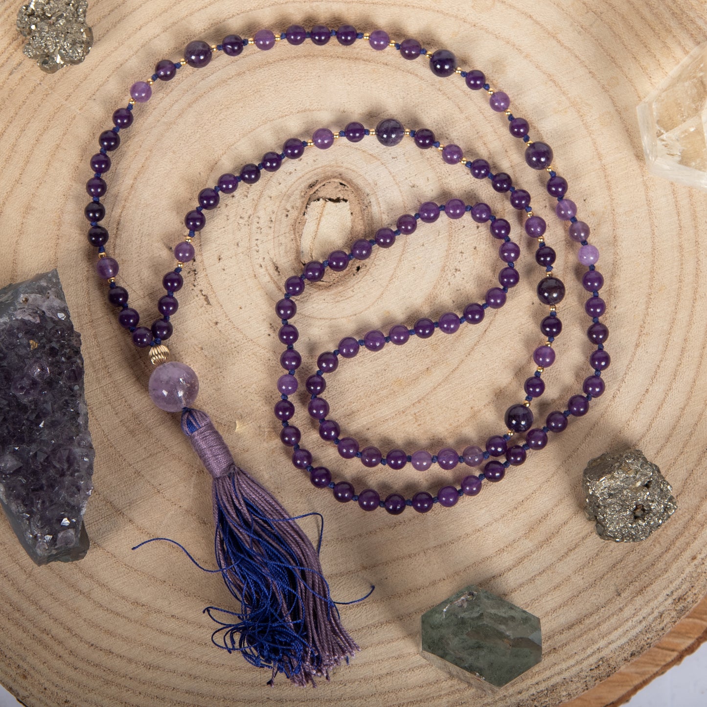 Mala di Ametista, Pietra guru in Ametista lavanda, Argento dorato 925, Placcato Oro 14 kt