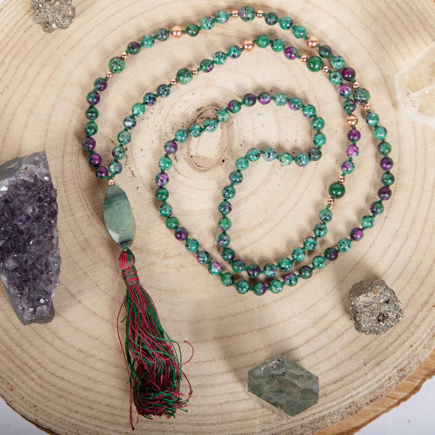 Mala da meditazione in Zoisite, Pietra Guru Fluorite, Rame