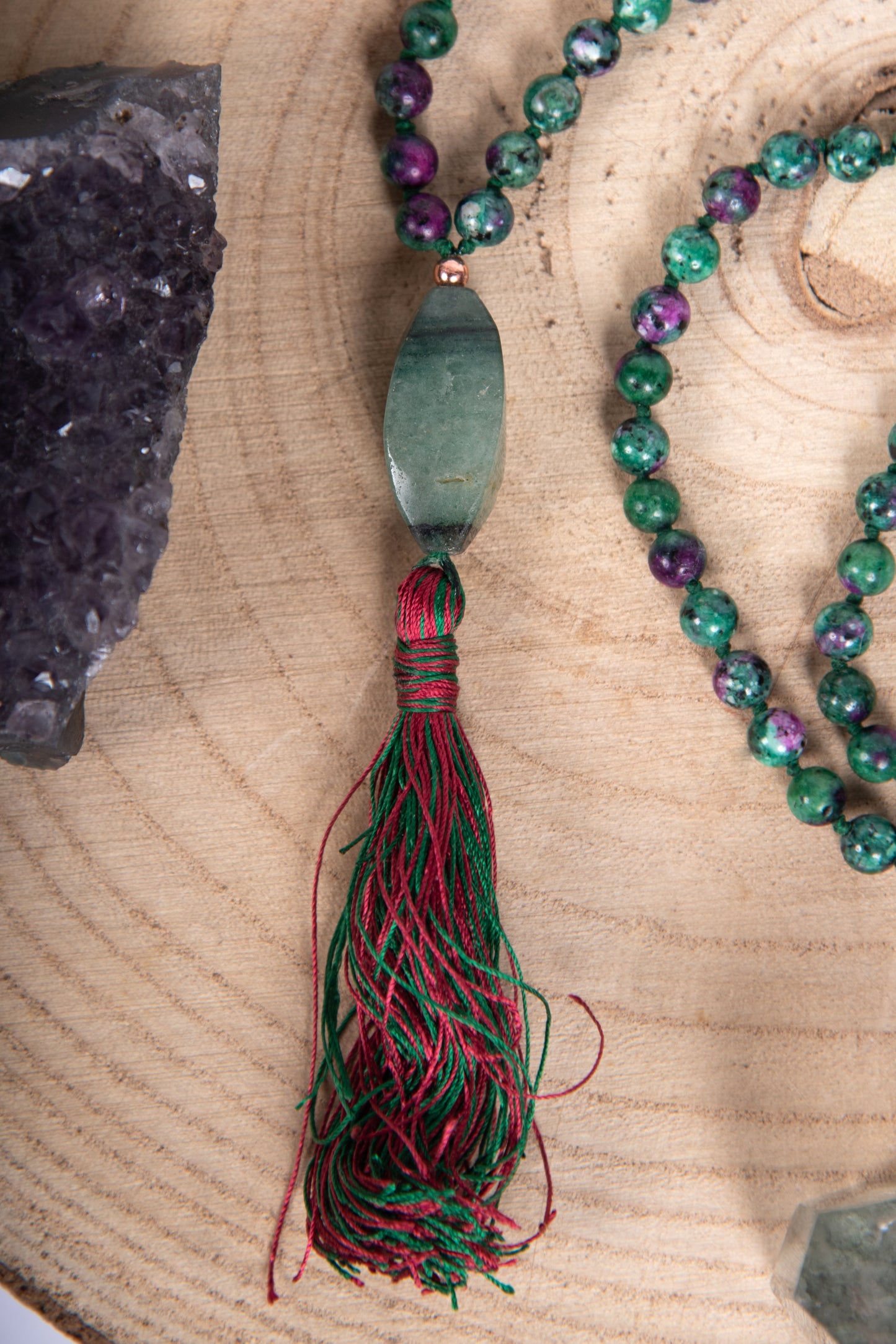 Mala da meditazione in Zoisite, Pietra Guru Fluorite, Rame