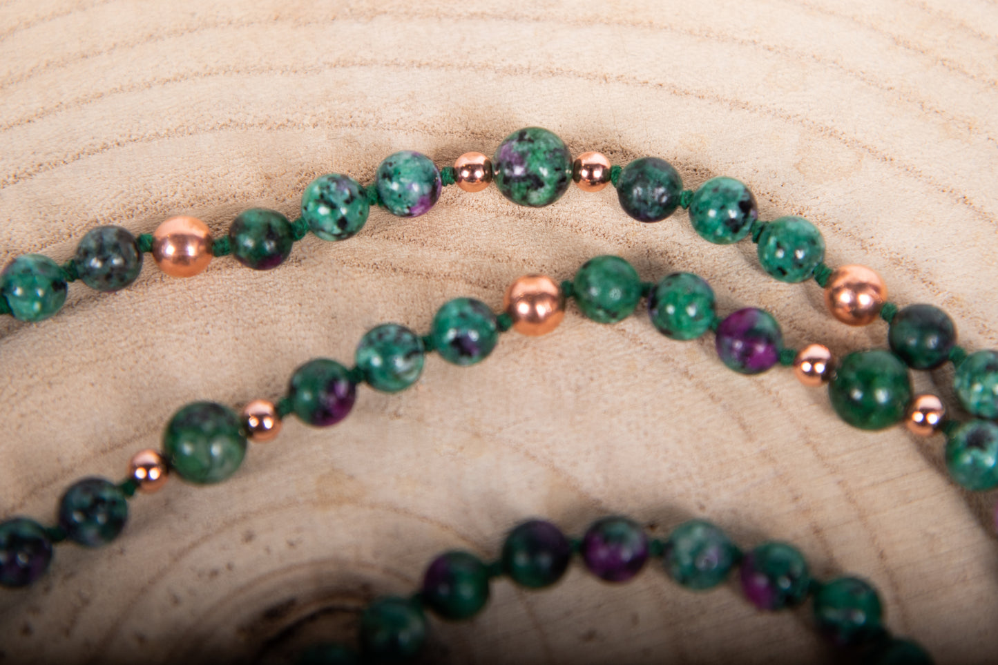 Mala da meditazione in Zoisite, Pietra Guru Fluorite, Rame