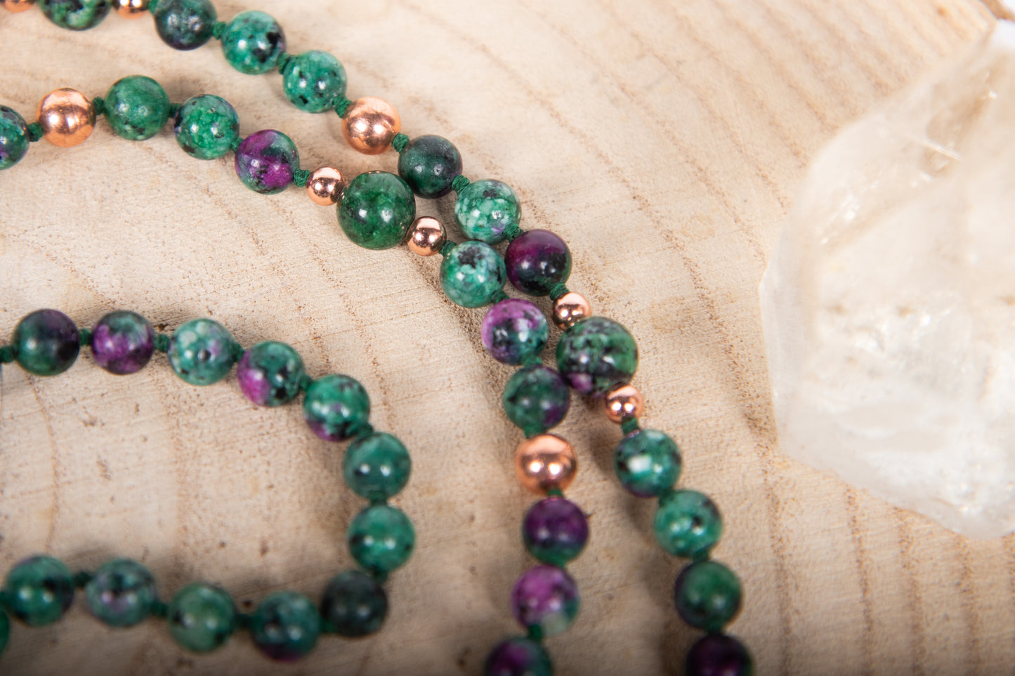 Mala da meditazione in Zoisite, Pietra Guru Fluorite, Rame