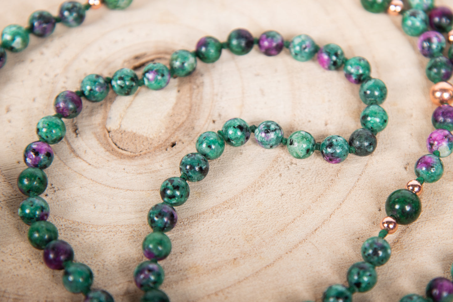 Mala da meditazione in Zoisite, Pietra Guru Fluorite, Rame