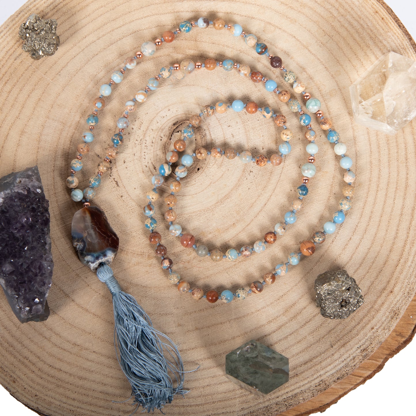 Mala per la meditazione in Diaspro imperiale, Pietra Guru Agata, Rame